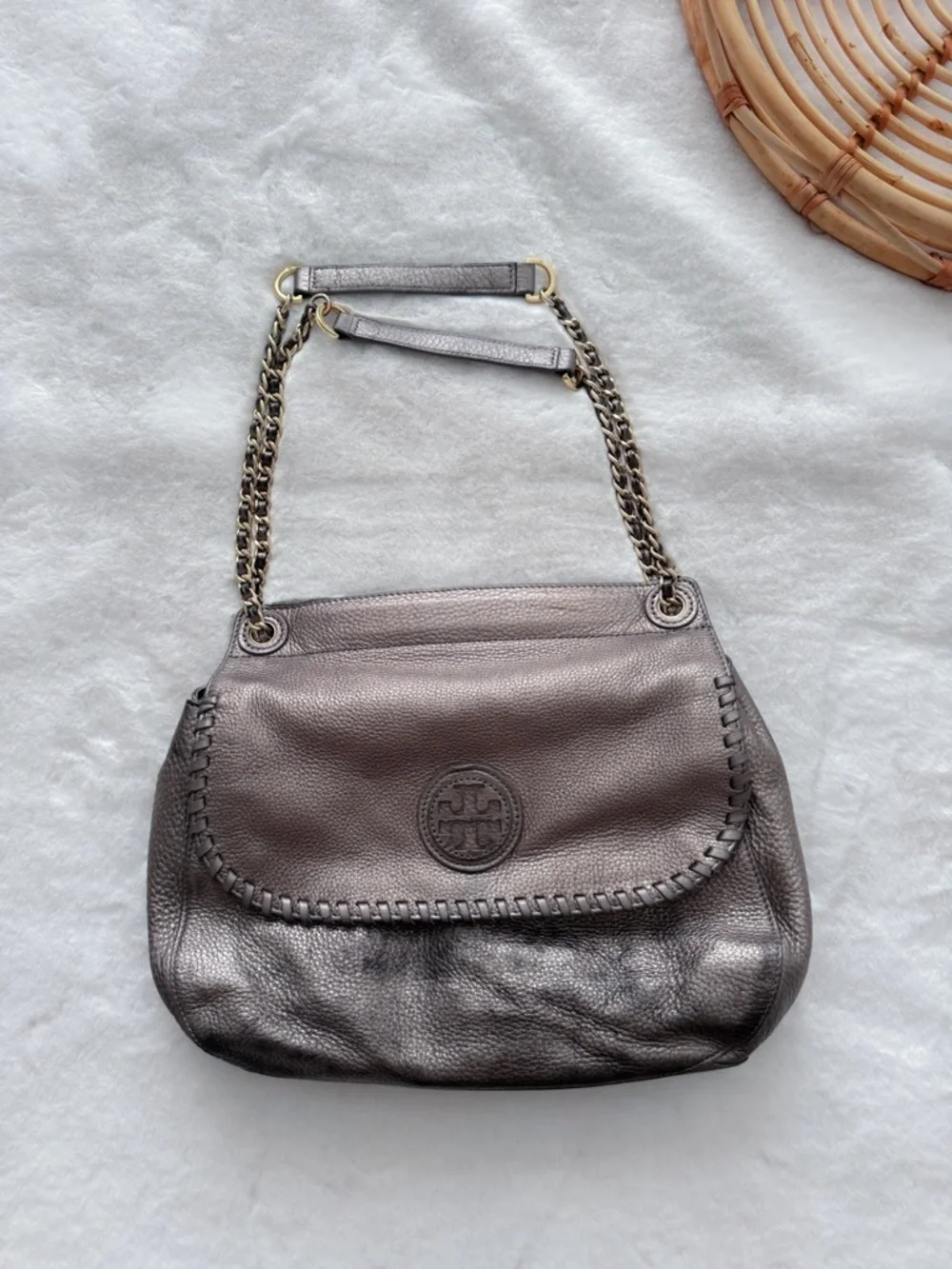 Tory Burch Marion Whipstitch Leather Saddle Bag Metallic Pewter